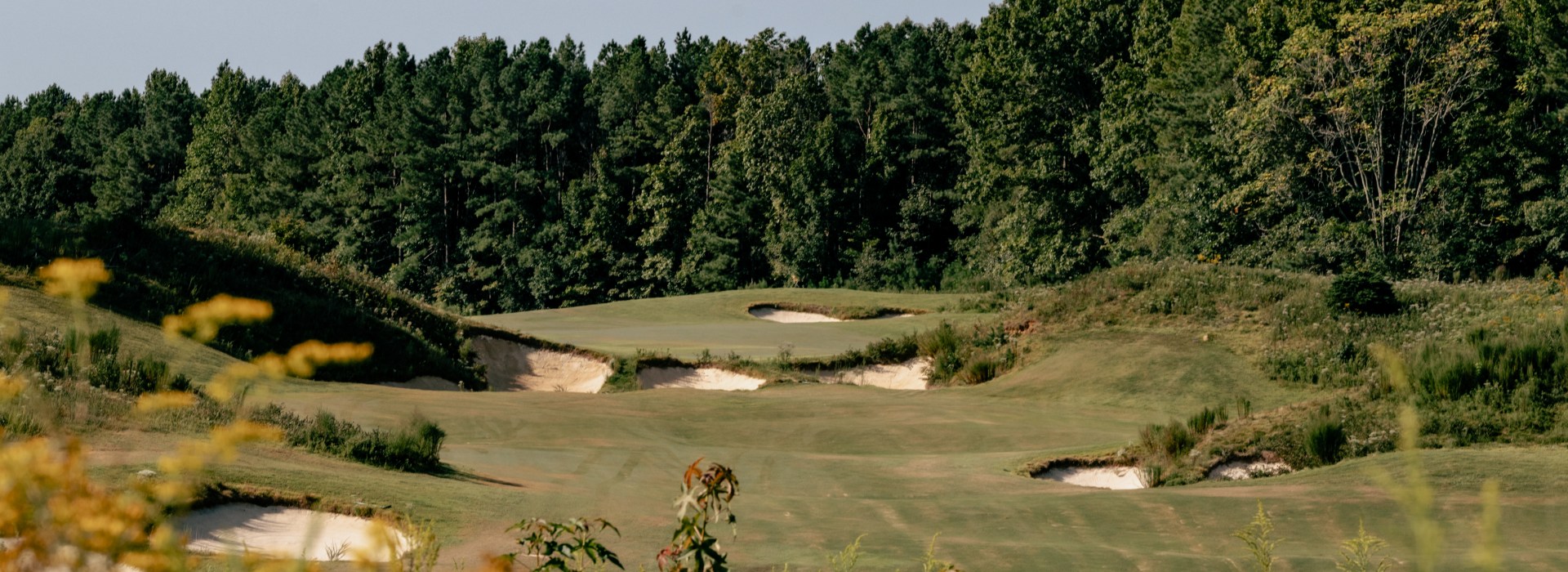 Golf course with trees and bunkers