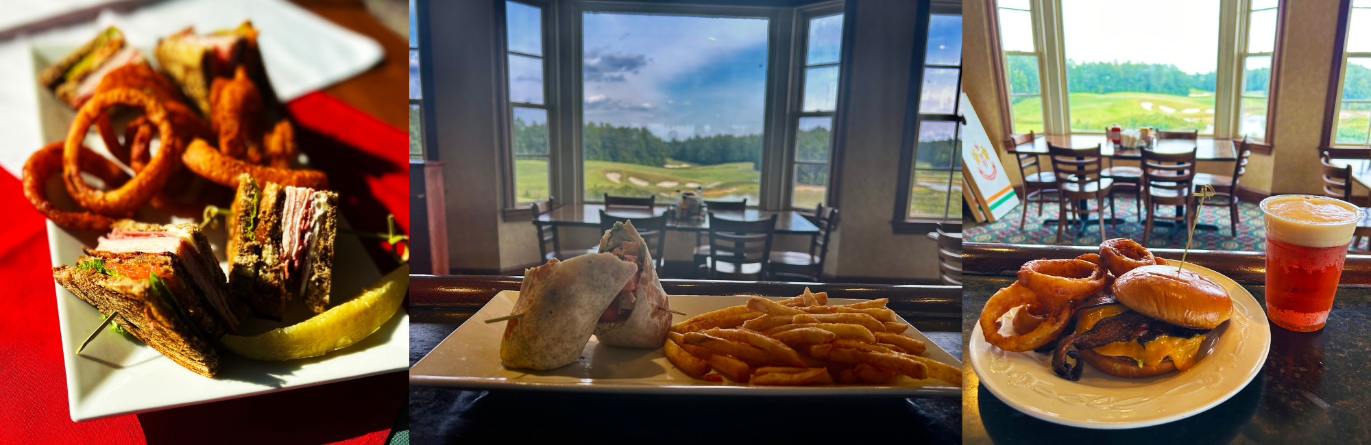 A montage of entrees served at the restaurant. Sandwiches and onion rings on the left, burrito and fries in the middle, and a burger with onion rings on the right with a drink.